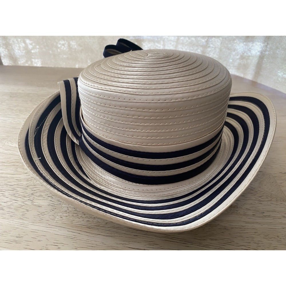 Vtg Cream Satin Ribbon Coiled Derby Hat Navy Stripe Bow Cocktail Tea Party 7" - Picture 4 of 11